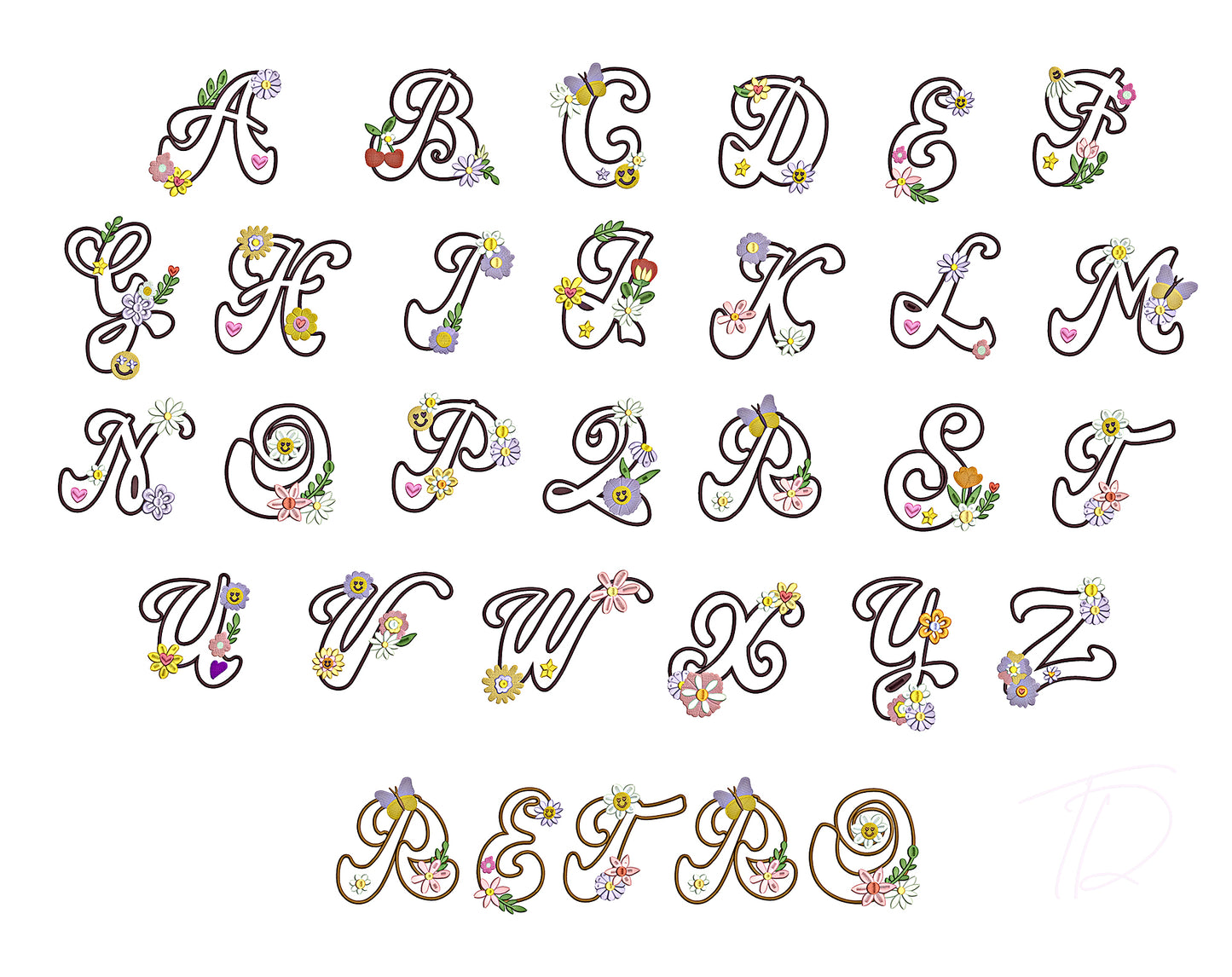 Groovy Retro Applique embroidery font. Applique font for embroidery. Very cute alphabet