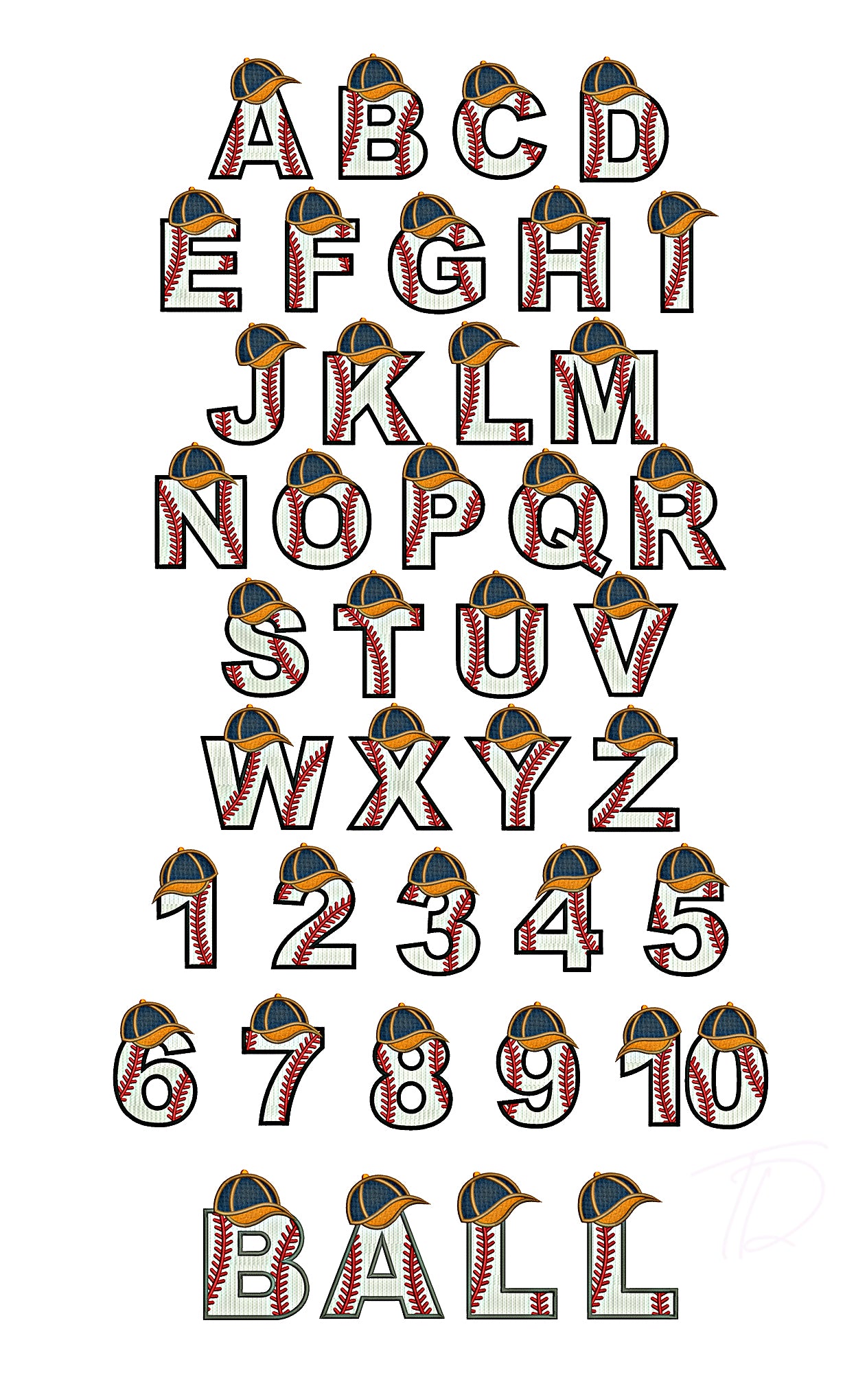 Baseball full stiches embroidery font. Machine baseball alphabet.