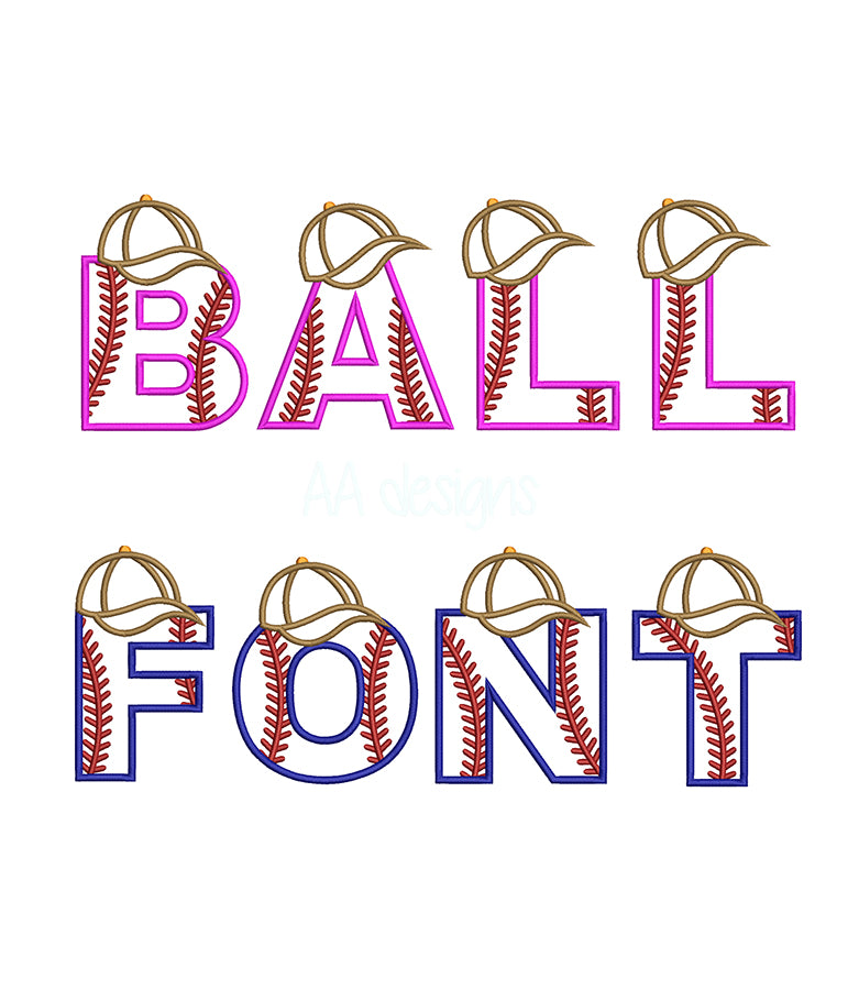 Baseball applique font. Baseball machine embroidery applique font. BX format