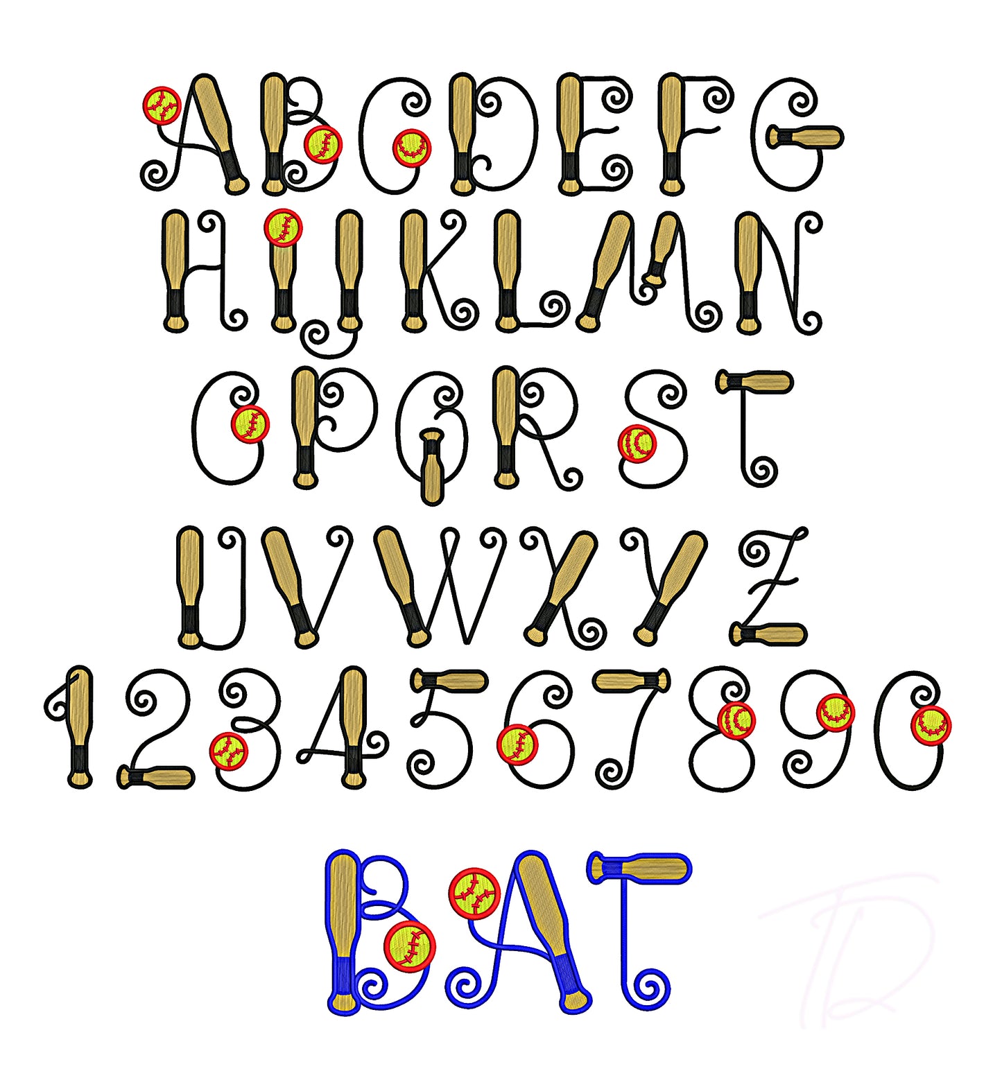 Baseball bat embroidery font. Baseball machine embroidery alphabet. BX format