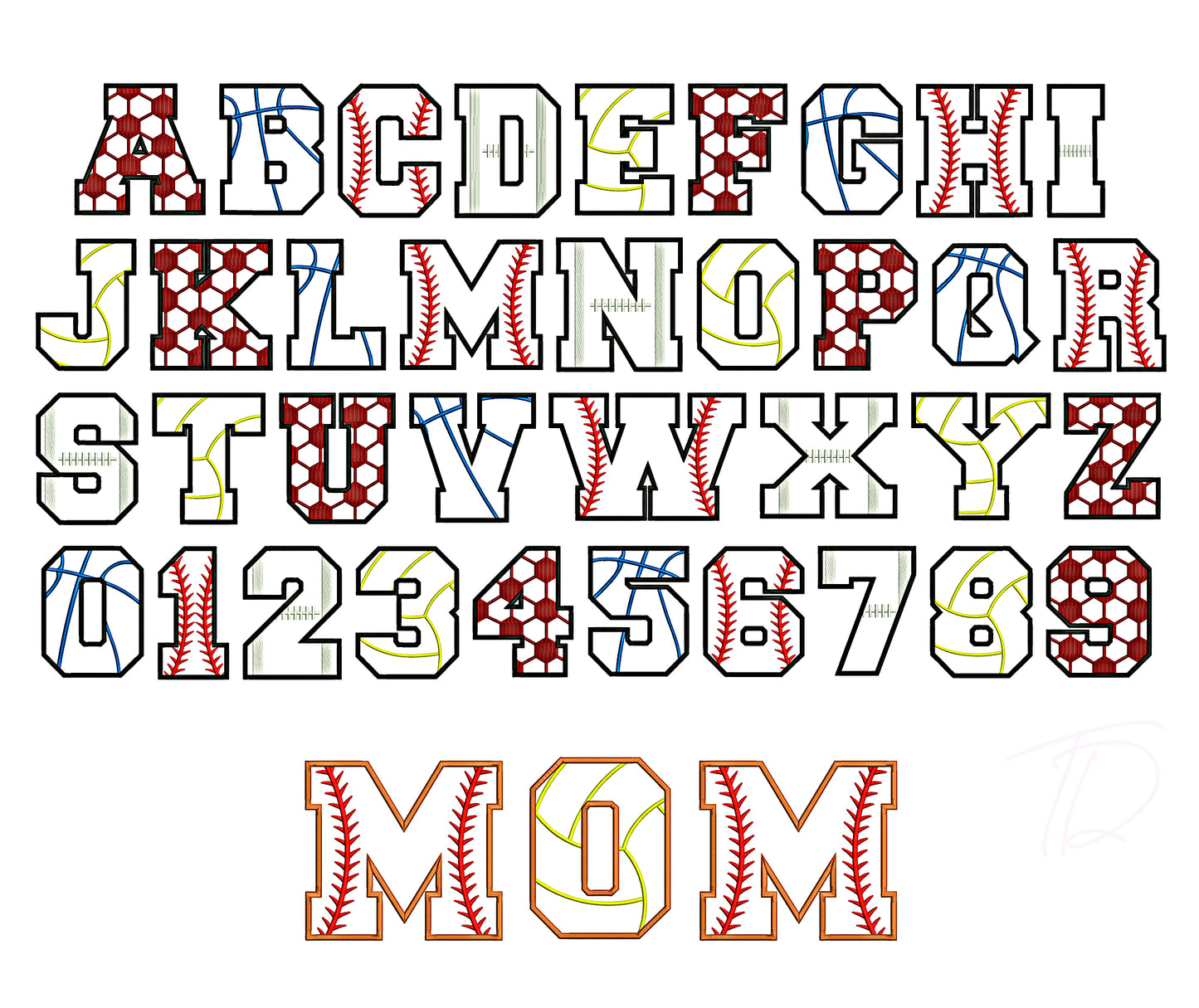 Baseball Mom Applique embroidery font. Machine embroidery baseball alphabet. BX format