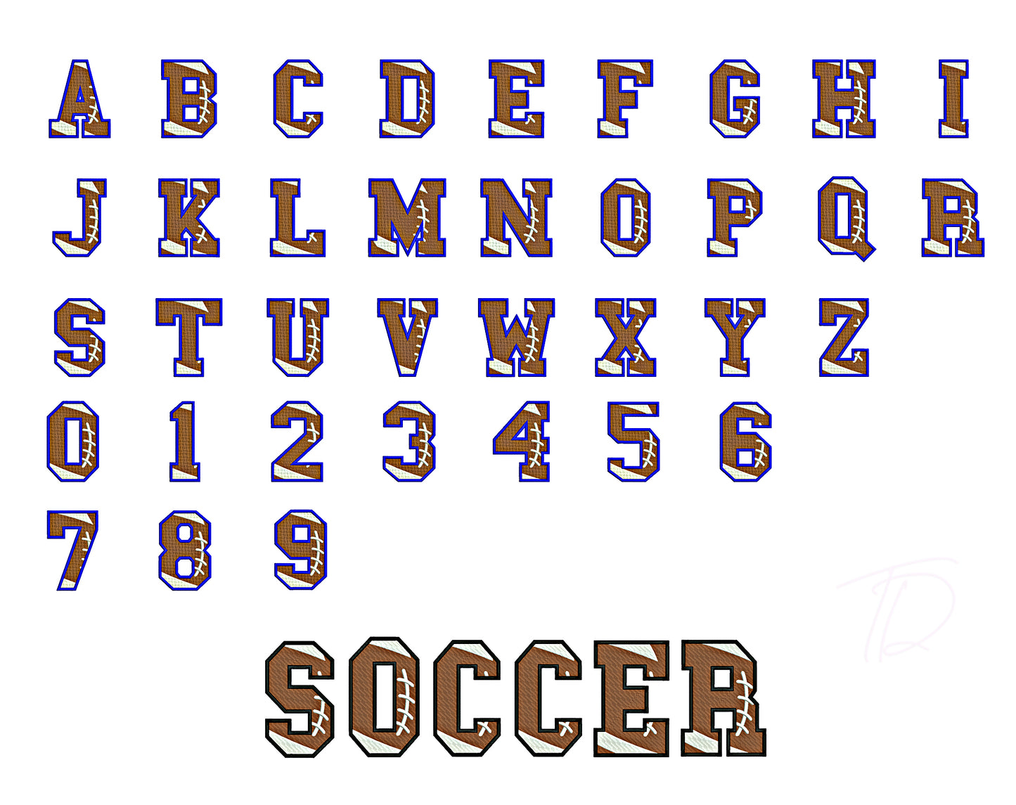 Soccer embroidery font. Soccer machine embroidery alphabet. BX format