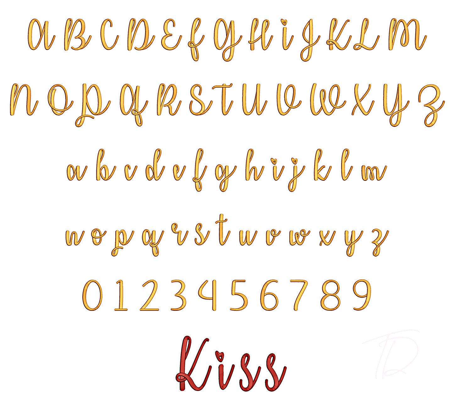 Kiss me 3D puff embroidery digital font. Machine embroidery alphabet with foam. BX format