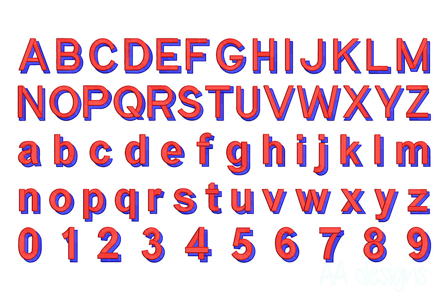 Shadow 3D puff embroidery digital font. Block 3D puff foam embroidery file. BX format